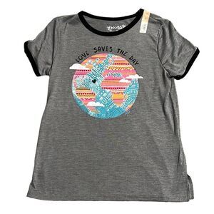 MUDD Ringer T-Shirt Girl’s Size 12 Earth “Love Saves the Day” Gray Short Sleeve